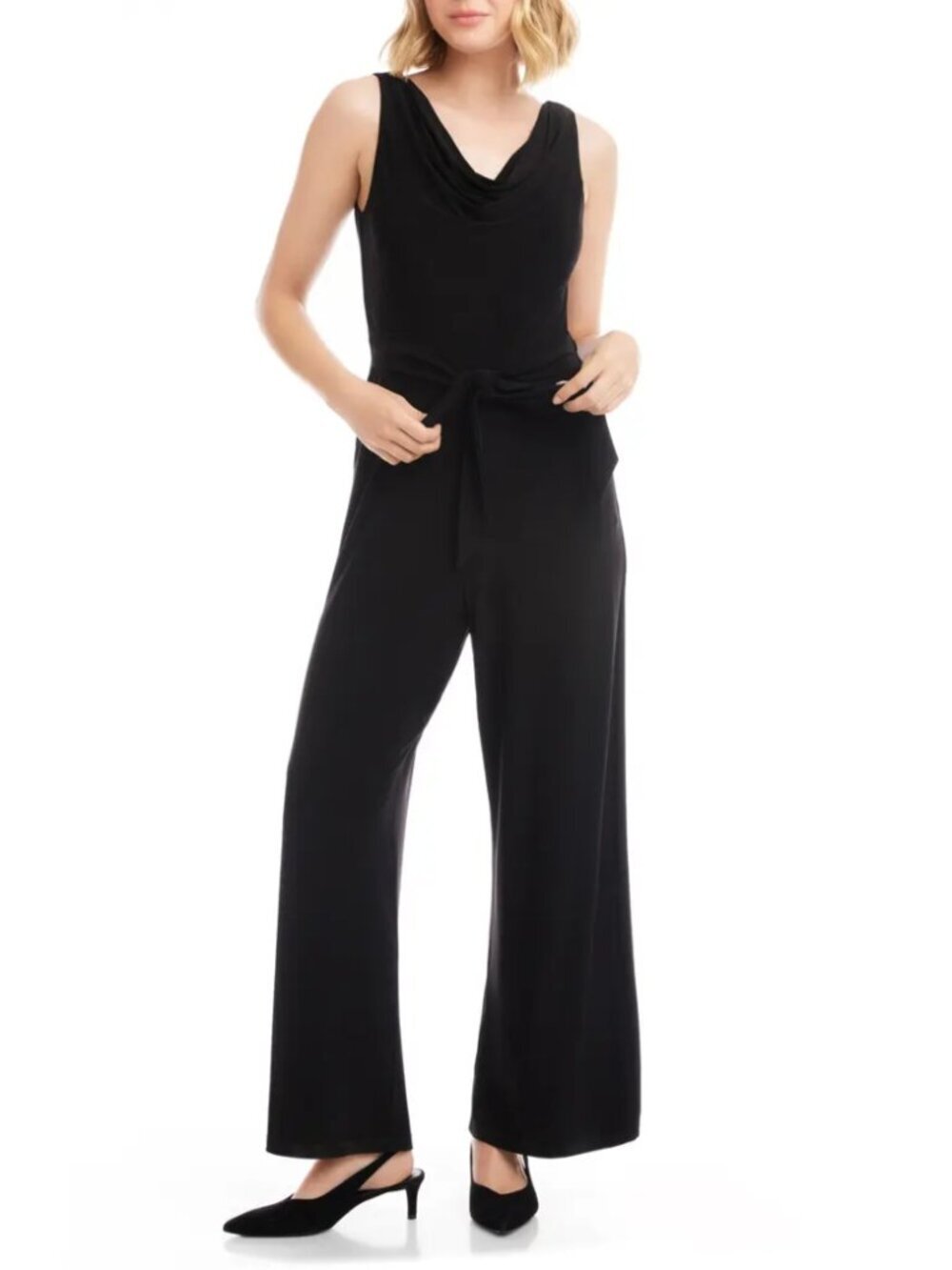 Karen Kane Camila Cowl Neck Travel Jersey Jumpsuit Black Sleeveless Size L NWT